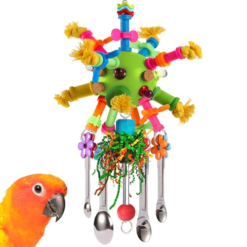 Parrot Toys Bird Toys Perch Pullable Stainless Steel Spoons Colorful Acrylic Stick Chew Toys for Amazons Mini Macaws African Greys Cockatoos Conures,Cockatiels,Lovebirds,Parrotlets and Other (green) - color: green