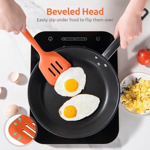 U-Taste Silicone Turner Spatula Set of 2, 13.6" Long/3.7" Wide, Orange | 600ºF Heat Resistant Food Grade Silicone Cooking Utensils Set, Wide Large Solid & Slotted Turner Pancake Egg Flipper - color: Orange
