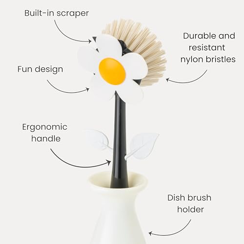 Vigar Flower Power Dish Brush with Handle and Vase Holder - White, Black | Flower-Shaped, Scrub Brush for Dishes, Dishwashing Brush, Kitchen Scrub Brush, Pot Scrubber, Kitchen Essentials - color: White