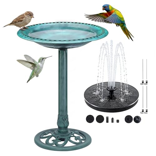 Bird Bath with Solar Fountain, 20in Green Bowl for Outside Garden Yard Lawn | 100% Solar Auto-start Pump, 6 Spray Nozzles, Rustproof Plastic, Holds 1.58gal Water, Attracts Birds & Butterflies, 28in Tall - color: Green Bird Bath