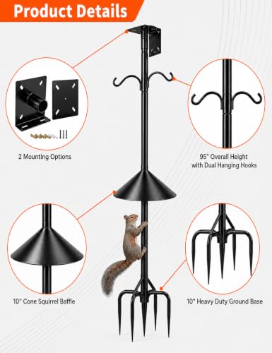 95 Inch Squirrel Proof Bird Feeder Pole, Heavy Duty 1-Inch Diameter Bird House Pole with Squirrel Baffle,2 Shepherd Hooks & Dual Mounting Plates for Smart Bird Feeders, Birdhouses and Weather Stations - size: 95Inch -With baffle-1