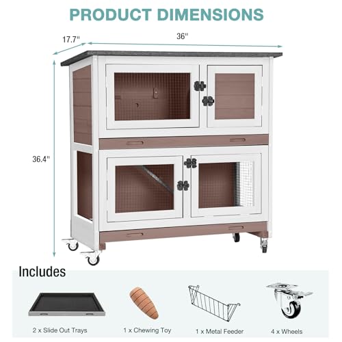 2-Tier Rabbit Hutch Indoor Bunny Cage with Wheels for Small Animals | House Guinea Pig Cage with Sliding Plastic Trays Wheels for Easy Cleaning Ventilation Design, 36 Inch Small Animal Home - color: Beige