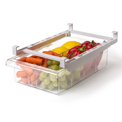 BINO | Pull-out Fridge Organizer | THE HANGER COLLECTION | Fridge Drawer Organizer with 2 Dividers | Clear Pantry Drawer Organizers | Shelf Holder Storage Drawers for Fruits, Veggies & Drinks