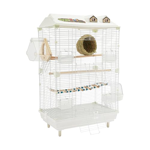 Small Bird Cage with Stand, 18.5 Inch, White Birdcage, 30.3"H, Iron,Plastic | Birdcage for small birds like parakeets. Features a spacious double-tier design and a removable tray for easy cleaning.