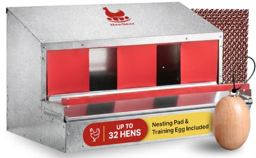 HenGear Nesting Boxes for Chickens, Roll Away Laying Boxes, Medium | Nest Box with Rollout Egg Collection, Nesting Pads for Cleaner Eggs, Reversible Accessories, G90 Galvanized, Up to 32 Hens - size: 32 HENS