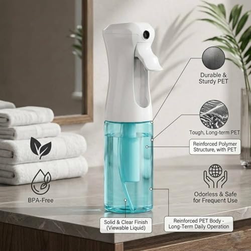 VIGOR PATH Continuous Mist Blue Spray Bottle 200ml Fine Mist for Hair | Ultra Fine Atomizer Leak Proof Ergonomic Construction 360 Refillable - color: BLUE