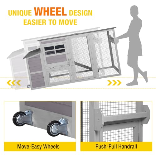 Aivituvin Chicken Coop Mobile, Chicken House with Wheels, Wooden Hen House Poultry Cage with Nest Box and Large Run -78in - color: Grey+White