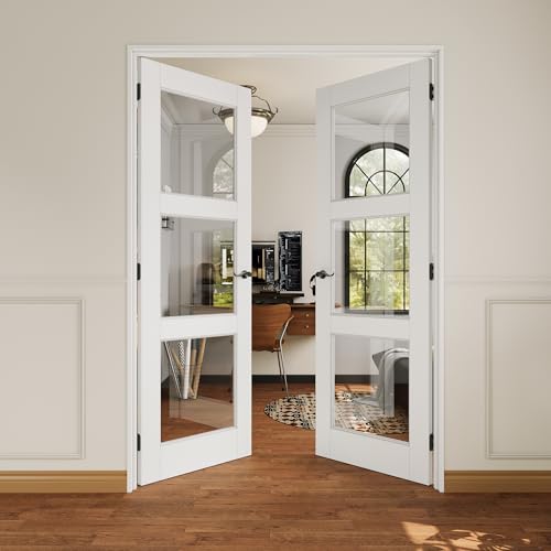 56x80 Interior French Door,3-Lite Clear Glass Doors,Living Room Doors | Matte Black Hardware-Privacy Door Lever with Lock, Latch&Hinges, Solid Core,Tempered Glass,No PreDrill,Jamb Assembly Required - color: 3 Lite, Black Hinges, size: 56x80 for 58x82 open