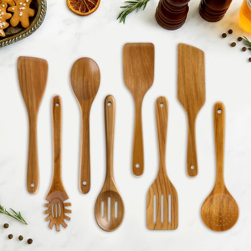 9 Pack Wooden Spoons Non Toxic Cooking Utensil Set with Utensils Holder | Kitchen Slotted Turner Spatula Set Acacia Wood Utensils for Cooking Spoon Scraper Spurtle Bamboo Flat Egg Flipper Spatulas - color: 9 Pcs