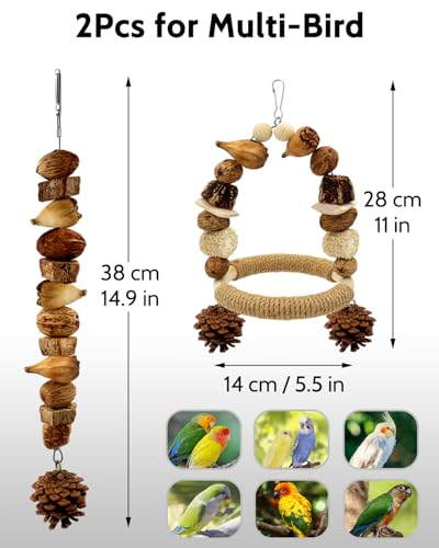 2Pcs Bird Chew Toys, Wood Sisal Swing Toy for Claw & Beak Care | Wooden Parrot Swing Wrapped With Sisal Supports Claw Grinding & Beak Trimming, Multi-Play Design for Budgie Conure Keeps Busy