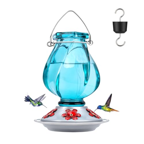 Glass Hummingbird Feeders for Outdoors Hanging, Ant Moat, Blue, 22oz | 5 Feeding Ports, Leak Proof, Easy Refill & Clean, Weatherproof, Attractive Garden Decor, Brithday Gifts for Women Men Mom Dad - color: Ruby Blue