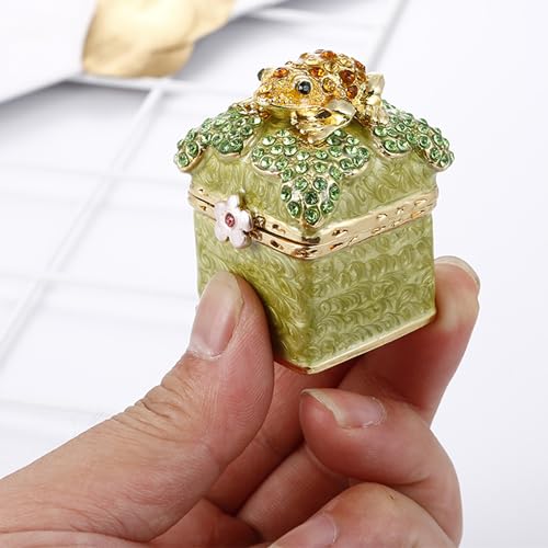 Hand Painted Enameled Mini Frog Trinket Box, Hinged Unique Mini Ring Necklace Jewelry Organizer, Classical Bejeweled Storage, Figurine Collectible Keepsake Home Decor (Frog on Box) - color: Frog on Box