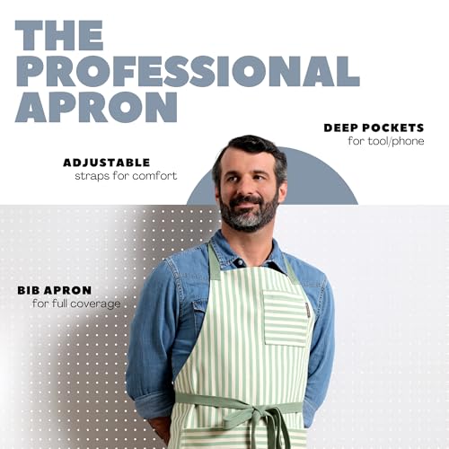Chef Aprons for Women with Pockets, Adjustable Bib Aprons for Cooking - color: Sage Green Striped