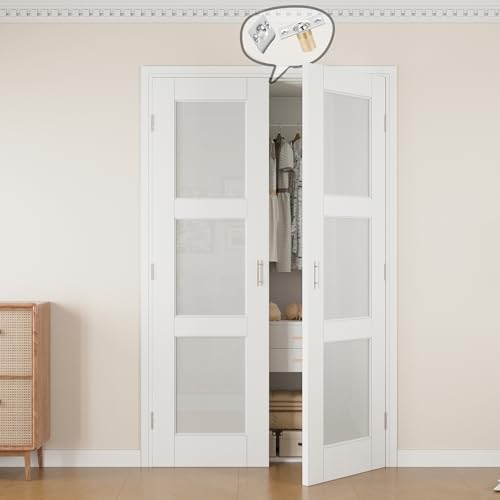 48x80 Interior French Door,3-Lite Frosted Glass Doors,DIY Prehung Room Door | Prefinished & Paintable Double Doors with Ball Catches & Hinges & Handles, Tempered Frosted Glass, Interior Swing Closet Door - color: 3 Panel Frosted Glass, size: 48" x 80"