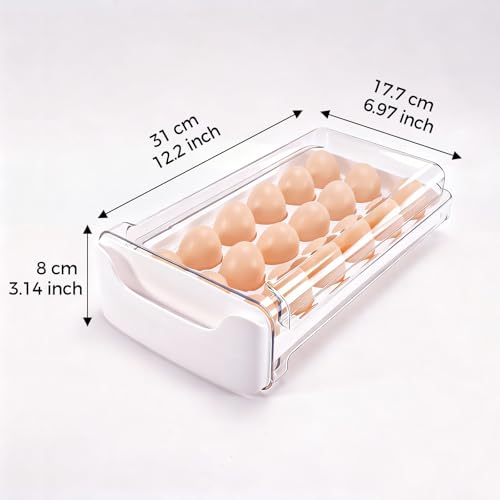 Egg-Holder for Fridge, Fits Small to Large Eggs, White | 18 Egg-Storage for Refrigerator Countertop, 1 Tier Dispenser with Drawer, Stackable Clear Egg Tray Container - size: 1 Tier-White