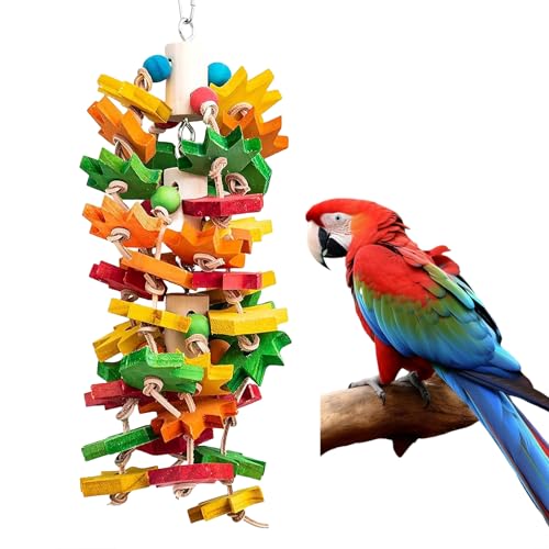 MQ Parrot Chewing Toy for Large and Small Parrots and Birds, Natural Wood Block Tearing Toy with Multicolored Maple Leaf Design, Beak Trimming Toy for African Grey Cockatoos and Amazon Parrots.
