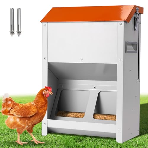 Automatic Chicken Feeder Large 20Lbs No Waste Poultry Feeder Trough | Metal Hanging Chicken Feeder Trough Dispenser Outdoors with Lid and Visual Window for Chicken Poultry Turkey Duck