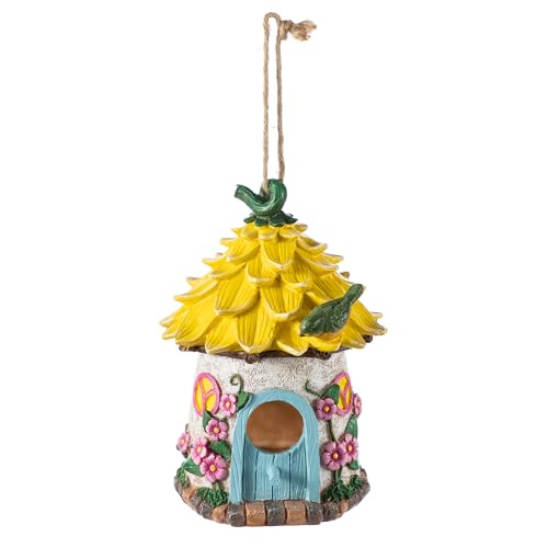 Glitzhome Bird Houses for Outside, 9" H Bluebird House Resin Yellow Roof Garden Hanging Birdhouses for Outdoors - color: 9"H Yellow