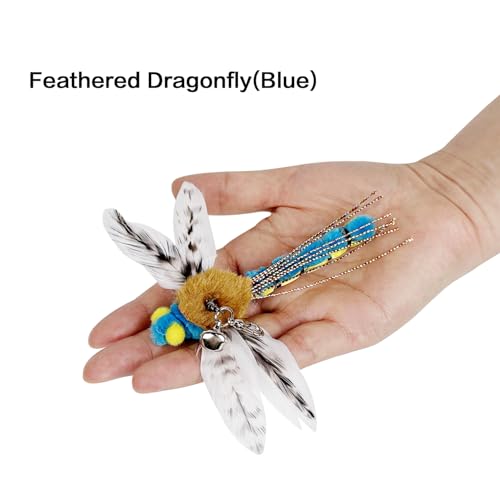 TTcat 3 Pack Dragonfly Grasshopper Cat Wand Refills, Realistic Natural Feather Insect Detachable Replacement Toy Heads with Bell, Universal Lobster Clip-on Cat Teaser Attachments. - color: 3Pcs (Dragonflys+Grasshopper)