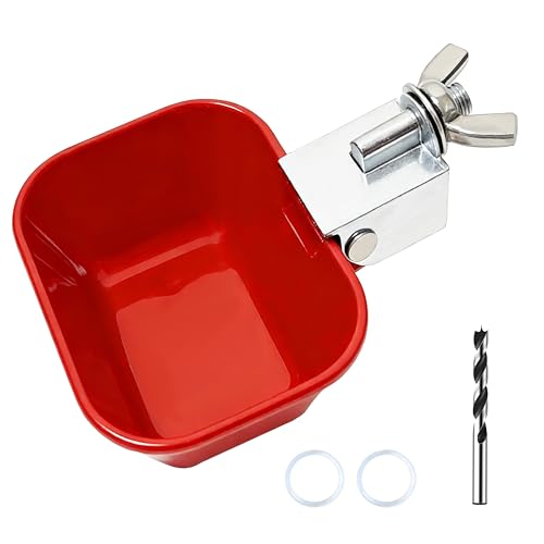 XCL Chicken Waterer Cups, Aluminum Alloy Chicken Waterer Feeder 2pcs Large, Tee Fittings Poultry Chicken Water, for Chicken, Duck, Goose, Turkey, Bunny, Bird, with Mounting Hole Opener (2, Red)
