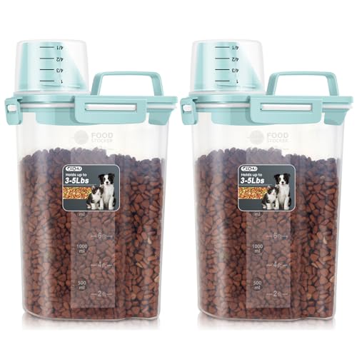 Dog Cat Food Storage Container with Cup (Light Blue, 2.5L (2 pack)) | Pet Food Pourable Container Airtight with Large Spout, BPA-Free Plastic Food Dispenser for Pet Food, Bird Seed, Rice, Flour - color: Light Blue, size: 2.5L (2 pack)