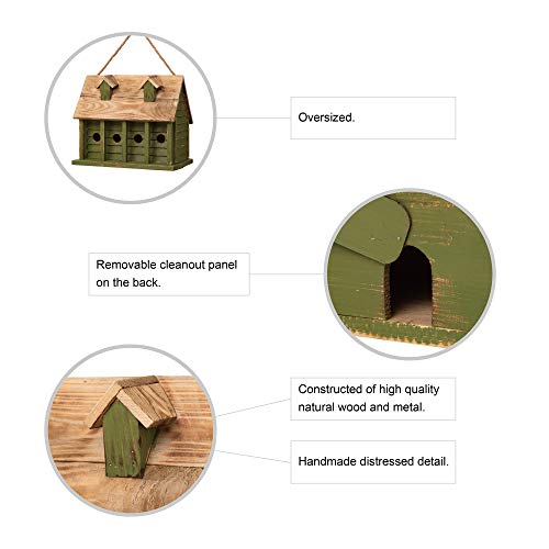 Glitzhome 14.25" L Wood Hanging Birdhouse for Outdoors Oversized Distressed Cottage Bird House Rustic Painted Bird House for Bluebird Wren Chickadee Sparrow Bird Nest Box for Garden Patio, Green - color: 14.25"L Green 4-Room Villa