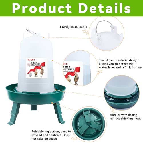 2-in-1 Chick Starter Set: 0.3 Gal Feeder & 0.4 Gal Waterer Green | Chick Feeder and Waterer with Adjustable legs, Anti-drowning, Anti-tip and Hanging Hooks Design for Baby Chicks - color: Green
