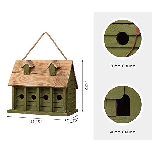 Glitzhome 14.25" L Wood Hanging Birdhouse for Outdoors Oversized Distressed Cottage Bird House Rustic Painted Bird House for Bluebird Wren Chickadee Sparrow Bird Nest Box for Garden Patio, Green - color: 14.25"L Green 4-Room Villa