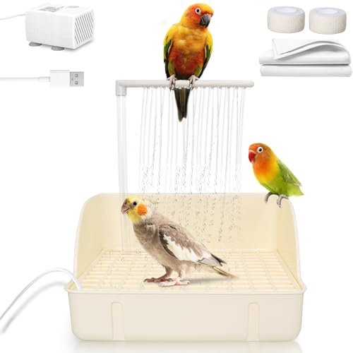 Automatic Parakeet Bird Bath with Pump, Large Bird Shower Fountain | Indoor Bathtub with Running Water, Parrot Bath Tub Faucet for Pet Birds, Cockatiel, African Grey, Budgie, Conure, Lovebird - color: White