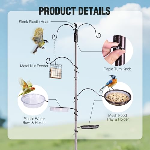 REDCAMP Bird Feeding Station kit, 75" Wild Bird Feeder Stand Pole with 4 Feeder Hanging Poles,for Outside, Multi Feeder Pole Stand Kit for Attracting Wild Birds