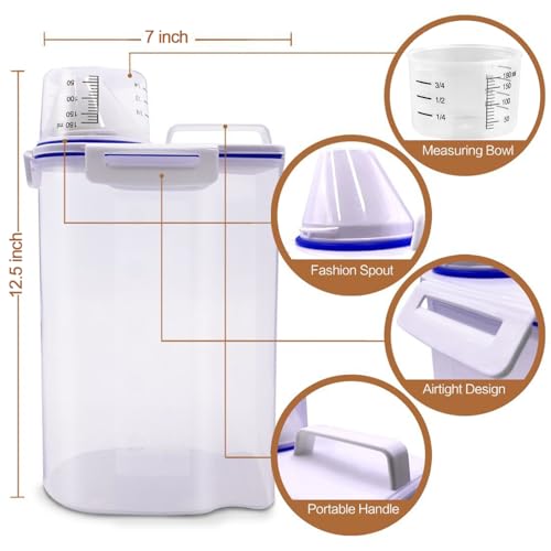 TIOVERY Dog Food Storage Container Small, Cat Food Storage Container Airtight Plastic Dispenser with Graduated Measuring Cup, Pourable Spout and Portable Collapsible Dog Bowl for Pet Food, Birds Seed - color: White 3 Qt