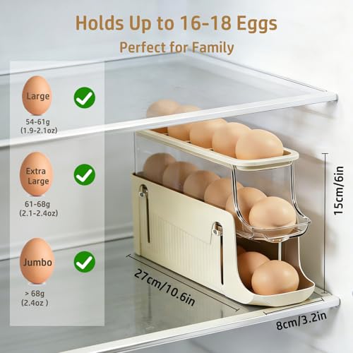 Egg Holder for Fridge, Rolling Egg Holder for Refrigerator, Automatic Egg Dispenser Organizer, Egg Storage Container Rack for Refrigerator Countertop, Space Saving Fridge Organizer （Creamy White） - color: Creamy White