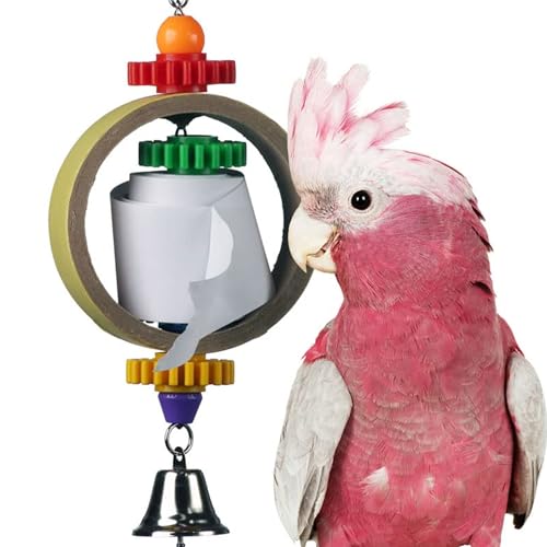 Super Bird Creations SB628 Tape Dispenser Bird Toy - Cardboard Bagel with Machine Paper, Chewable & Shredding Components, Sensory Bell, African Greys Parrots Small Cockatoos, Large Bird Size 14"x5"