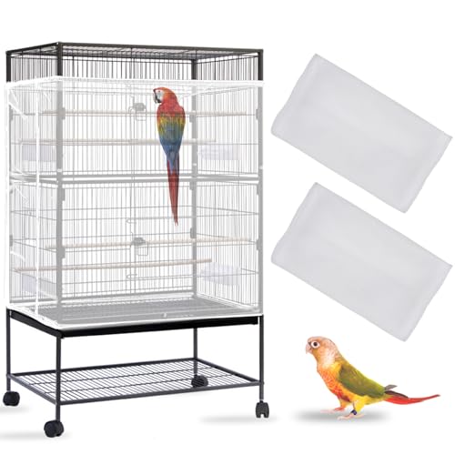 Daoeny 2PCS Bird Cage Seed Catcher, Large Bird Cage Cover, Adjustable Soft Airy Nylon Mesh, Birdcage Cover Skirt Seed Guard for Parrot Parakeet Macaw Round Square Cages (White & White) - color: White & White