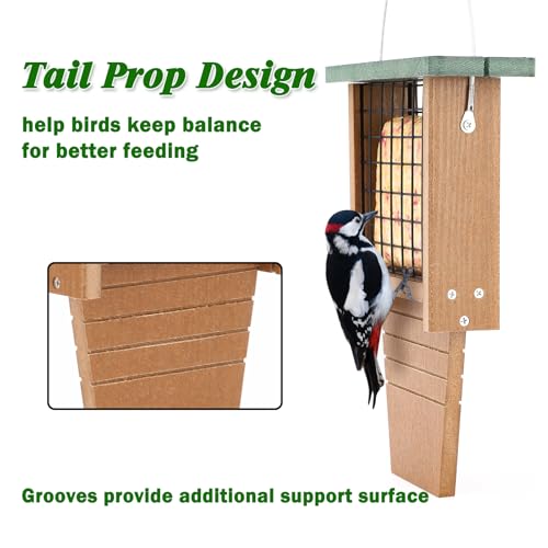 Gtongoko Recycled Plastic Suet Bird Feeder for Outside Hanging, Woodpecker Suet Feeder with Tail Prop, Hanging Suet Holder Birdfeeders, 1 Pack, Green