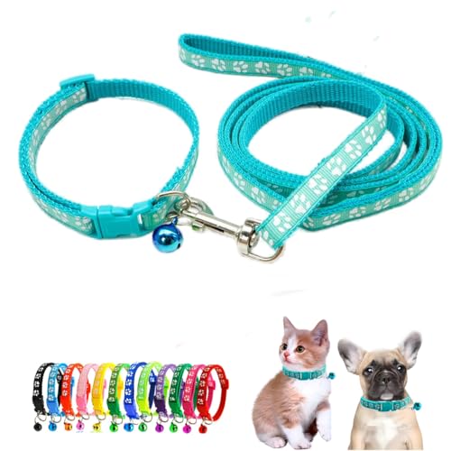 Puppy Dog Collar with Bell Leash Set, Cat Kitten Collars, Mint Green XXS,XS | Paw Print Reflective Dog Collar Leash Set with Bell, Basic Nylon Boy Girls Pet Collar Adjustable For XXS XS S Tiny Puppies - color: mint green