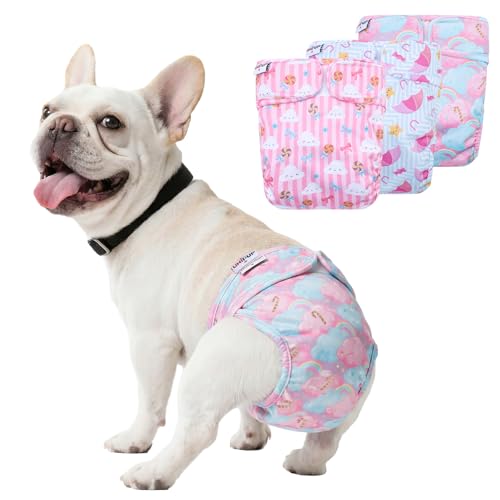 Female Dog Diapers Reusable No Tail Hole Period Panties Washable 3 Pack Diapers Female for Docked-Tail Frenchie French Bulldog Boston Terrier Without Tail U-WWD07M - size: M(Waistline:16"-21")