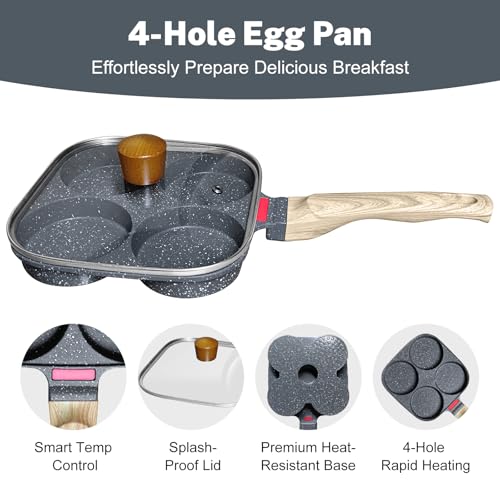 4‑Cup Nonstick Egg Pan Set with Lid – Aluminum Omelette Skillet for Breakfast, Includes Silicone Scraper, Oil Brush, Chopsticks & Cleaning Cloth – Compatible with Gas & Induction Cooktops (Black) - color: Black