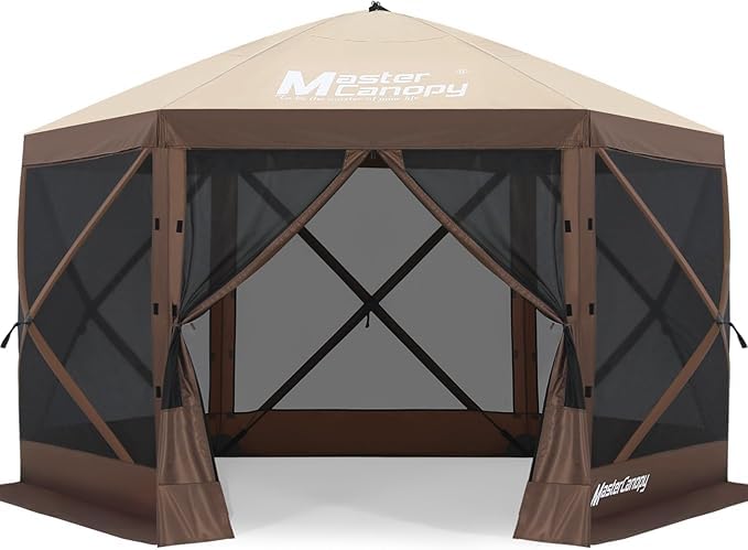 MASTERCANOPY 10x10FT Pop Up Gazebo Screen Tent - Instant Screen House with Netting, Quick Set, Outdoor Canopy Shelter with Carry Bag for Camping, Backyard & Patio (Beige&Coffee) - color: Beige&Coffee, size: 10x10 ft