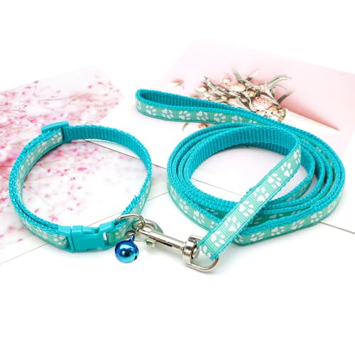 Puppy Dog Collar with Bell Leash Set, Cat Kitten Collars, Mint Green XXS,XS | Paw Print Reflective Dog Collar Leash Set with Bell, Basic Nylon Boy Girls Pet Collar Adjustable For XXS XS S Tiny Puppies - color: mint green