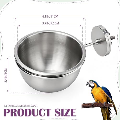 Anti-Tip Bird Bowls for Water and Food, Heavy Duty 304 Stainless Steel Parrot Feeder Cups with Locking Buckle, Bird Cage Accessories for Parakeet Cockatiel Conure Budgie, 12.5oz