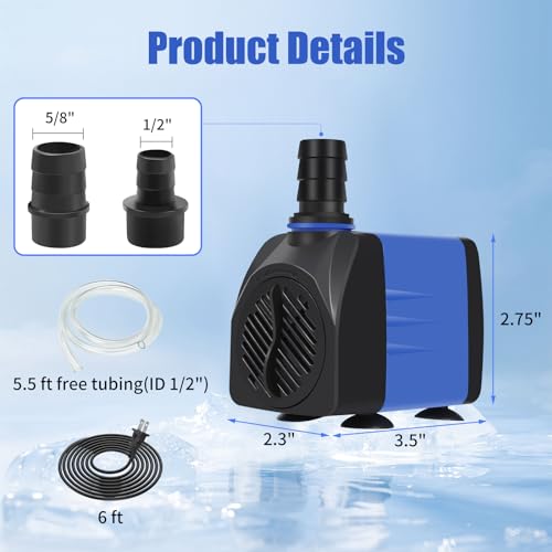 AQUANEAT Fountain Pump, 480 GPH Submersible Water Pump with 5 ft Tubing, for Aquarium Fish Tank, Pet Water Fountain, Hydroponics, Pond Waterfall Filter Pump - size: 480 GPH