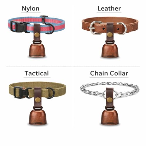 kcrygogo Dog Collar Bell with Leather Snap Strap, 2 Pack Loud Pet Collar Bells for Dogs, Jingle Bell to Help Locate Your Dog, Includes 2 ID Capsule Tags, Vintage Copper Bell Collar Accessory