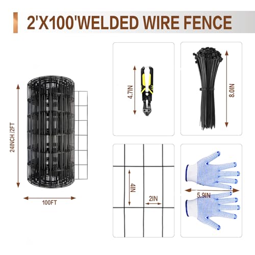 Tongmo 2 ft x 100 ft Black PVC Coated Welded Wire Fence, 16GA Garden Chicken Wire Fence Roll, Mesh Size 2" x 4" Hardware Cloth, Ideal for Yard Protection and Poultry Netting - color: Black, size: 2ft*100ft