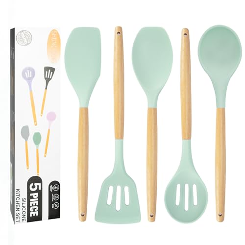 Kitchen Utensils Set, 5 Pcs Non-Stick Silicone Kitchen Cooking Utensils with Wooden Handle, Kitchen Spatula Cookware Utensils Set, Heat Resistant Silicone Kitchen Gadgets (Light Green) - color: 5 PCS Set Light Green