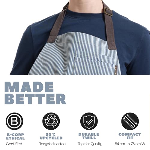 Chef Aprons for Women with Pockets, Adjustable Bib Aprons for Cooking - color: Blue Pinstriped