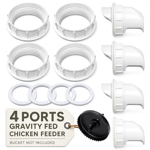 DIY Port PVC Gravity Fed Chicken Feeder 4 Ports and Hole Saw | Use for Buckets, Barrels, Bins, Troughs | Rain Proof, Weather Resistant, No Waste Chicken Feeders | As Seen on Shark Tank, Gravity Fed Chicken Feeder, for Buckets, Barrels, Bins & Troughs, Pou