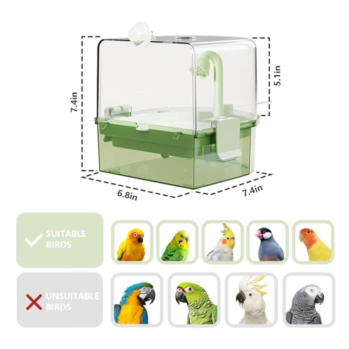 Automatic Bird Baths for Cage – Indoor Parakeet Bath with Pump, Bird Shower with 2 Modes Running Water, Bird Cage Accessory for Pet Birds Conure Budgies Cockatiels Lovebird(Green) | Quiet auto pump with 4-layer filter & 4 refills Easy-clean clear tank on/