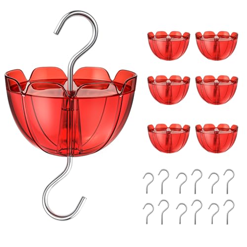 Ant Moat for Hummingbird Feeders, 6 Pack 4OZ | Heavy Duty Metal Hooks with Water Level Window, Bright Red Flower Design for Outdoor Hanging Bird Feeders - color: Red