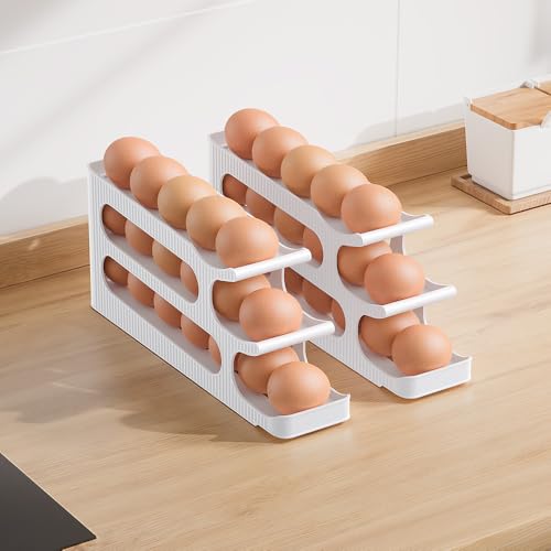 Egg Holder for Fridge, Egg Roller for Eggs 18 Count, 3 Tiers | Auto Rolling Egg Storage Organizer for Refrigerator, Slim Space Saving Container, Dispenser - size: 3 Tiers